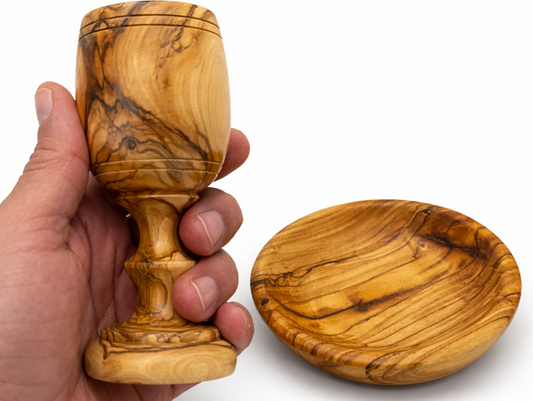 Handmade olive wood olive wood communion cup set from Bethlehem, hand carved Christian artisan workshop
