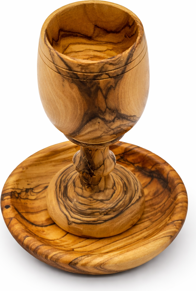 Olive wood olive wood communion cup set side angle view from Bethlehem Holy Land