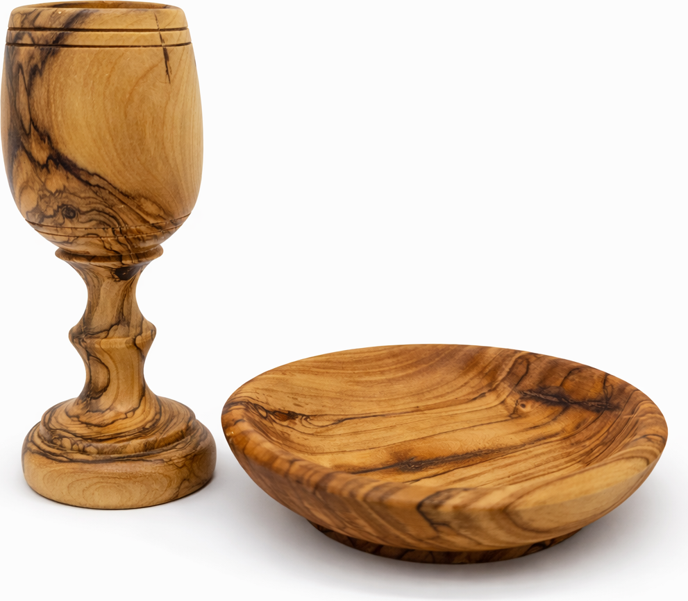 Olive wood olive wood communion cup set with bread tray view from Bethlehem Holy Land