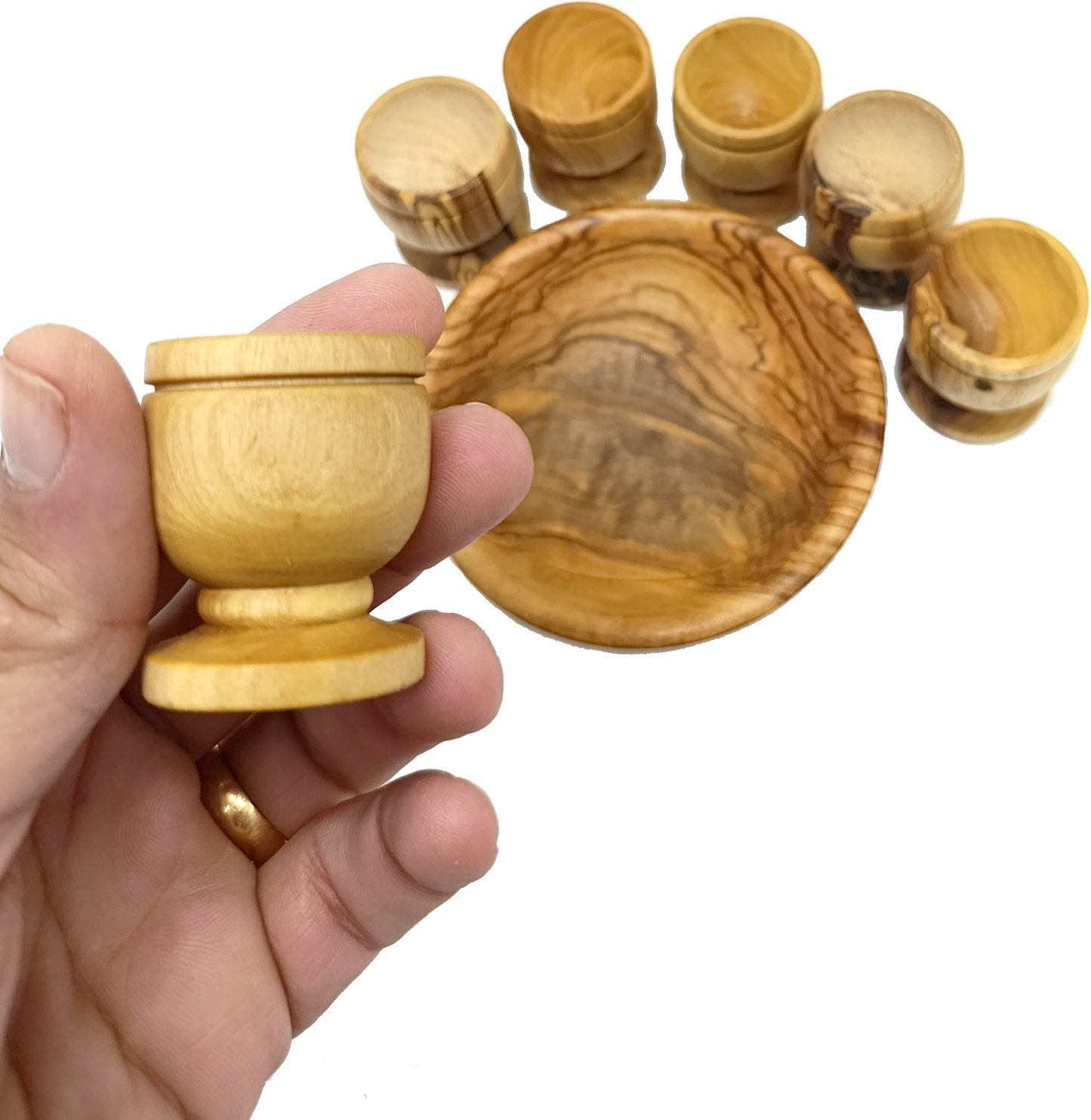 Olive wood olive wood communion cup set of 6 grain detail view from Bethlehem Holy Land