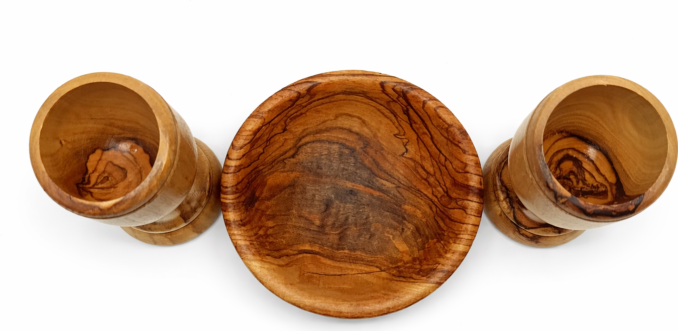 Olive wood communion cup tray set grain detail view, hand carved Bethlehem Holy Land