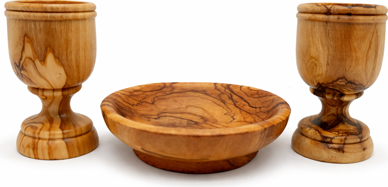 Olive wood communion cup tray set in hand size view, hand carved Bethlehem Holy Land