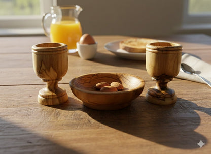 Olive wood communion cup tray set lifestyle view, hand carved Bethlehem Holy Land