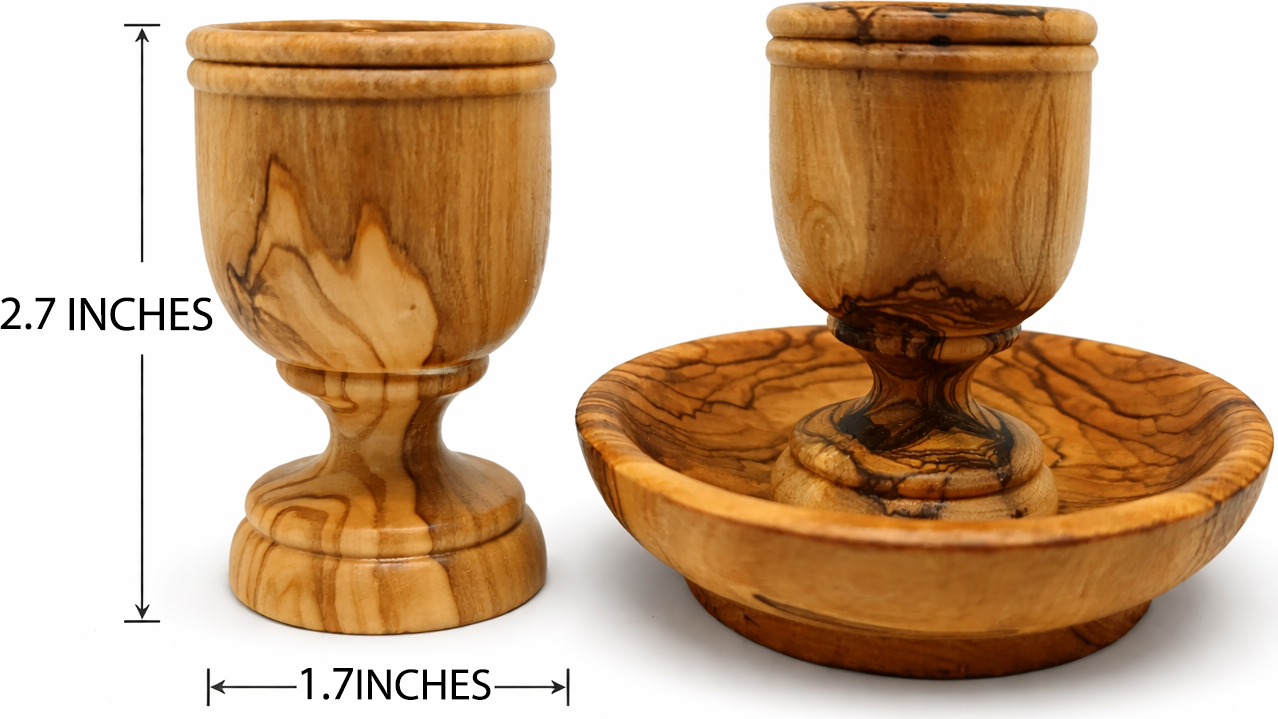 Olive wood communion cup tray set side angle view, hand carved Bethlehem Holy Land
