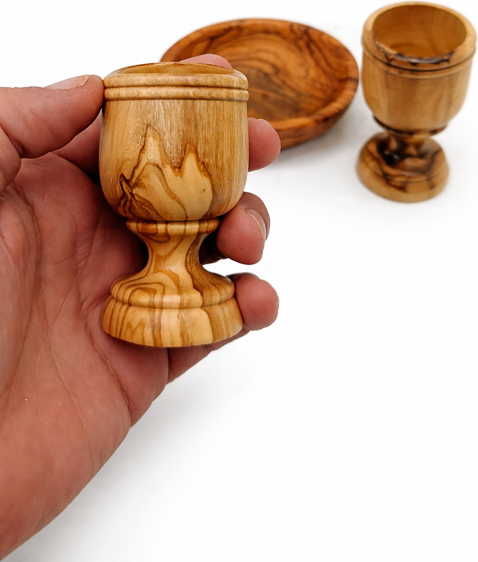 Olive wood communion cup tray set two cups with tray view, hand carved Bethlehem Holy Land