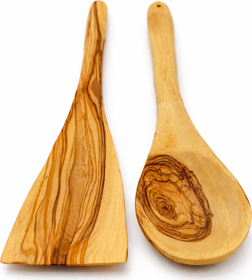 Handmade olive wood cooking spoon and spatula set from Bethlehem detail shot from Bethlehem Holy Land