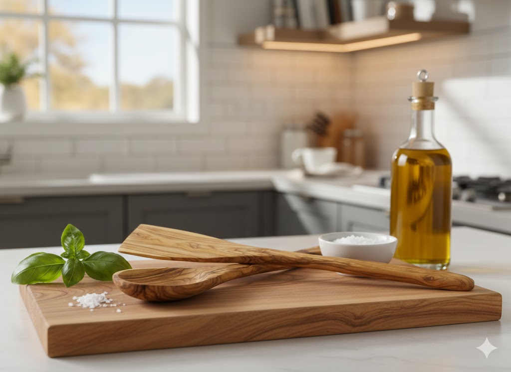 Handmade olive wood cooking spoon and spatula set from Bethlehem detail shot from Bethlehem Holy Land