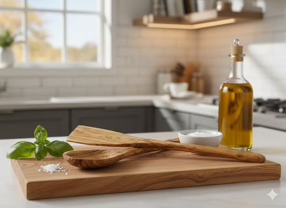 Handmade olive wood cooking spoon and spatula set from Bethlehem detail shot from Bethlehem Holy Land