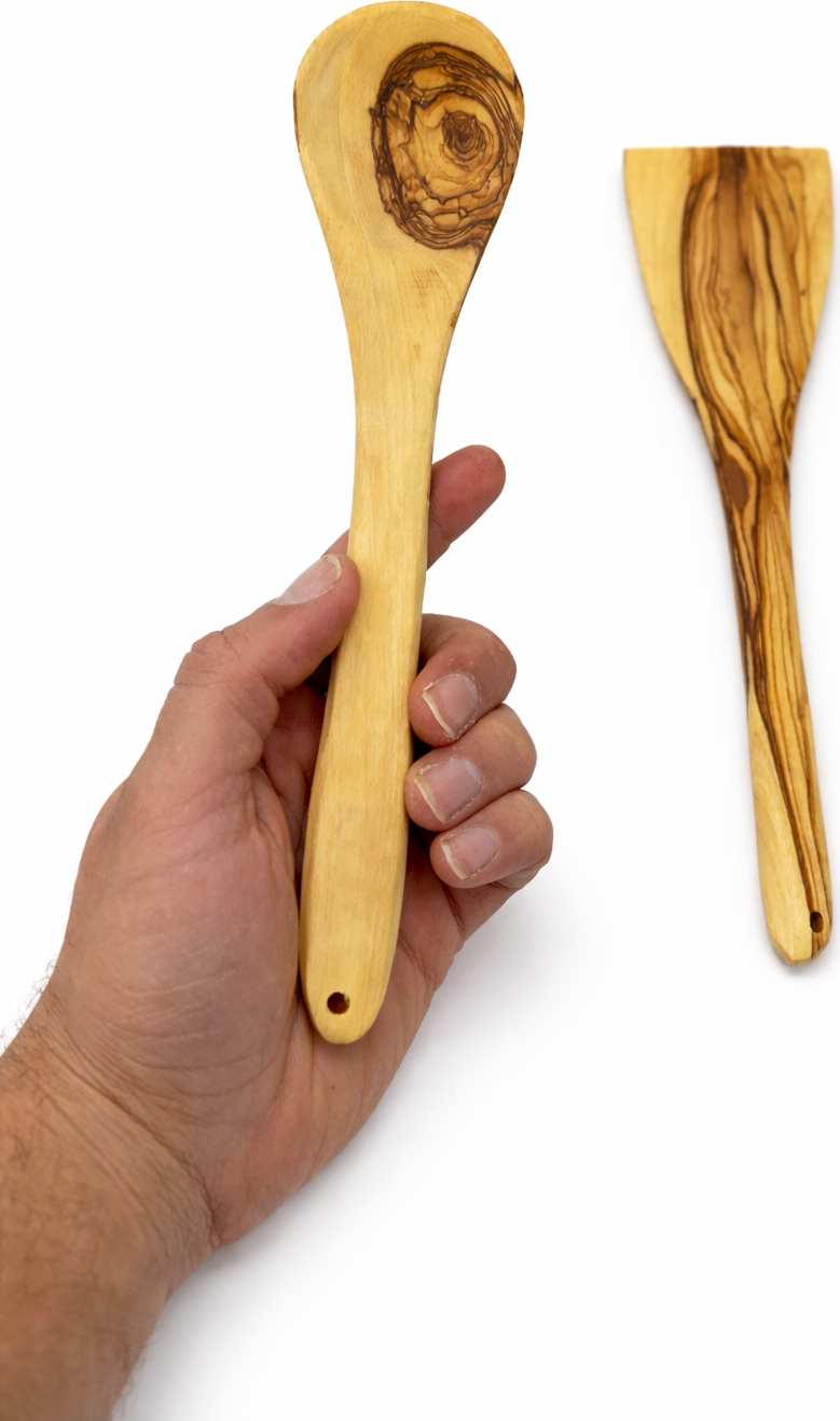 Handmade olive wood cooking spoon and spatula set from Bethlehem in hand size from Bethlehem Holy Land