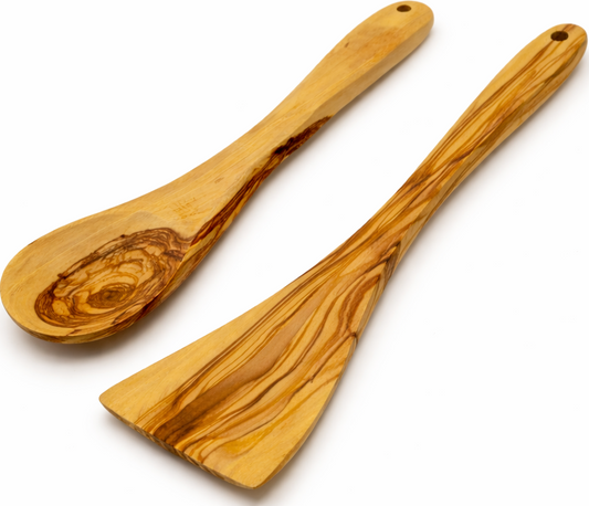 Handmade olive wood cooking spoon and spatula set from Bethlehem, main product photo, hand carved Christian artisan workshop