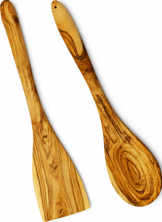 Handmade olive wood cooking spoon and spatula set from Bethlehem, main product photo, hand carved Christian artisan workshop