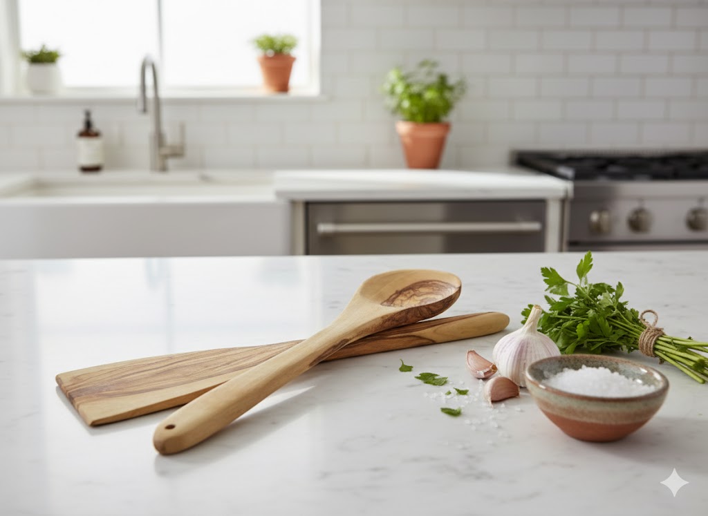 Handmade olive wood cooking spoon and spatula set from Bethlehem pair view from Bethlehem Holy Land