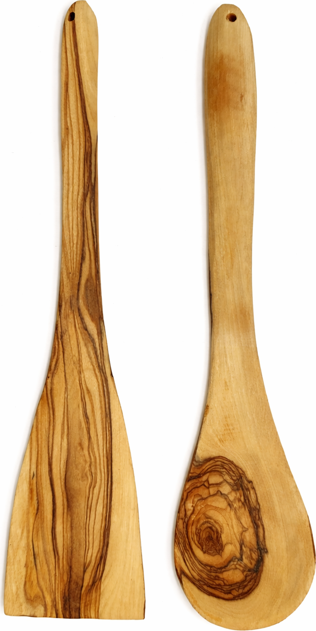 Handmade olive wood cooking spoon and spatula set from Bethlehem side angle from Bethlehem Holy Land