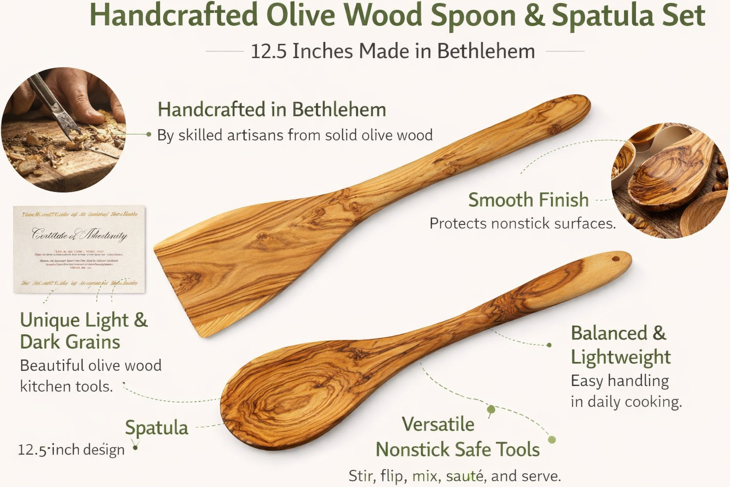 Handmade olive wood cooking spoon and spatula set from Bethlehem top view from Bethlehem Holy Land