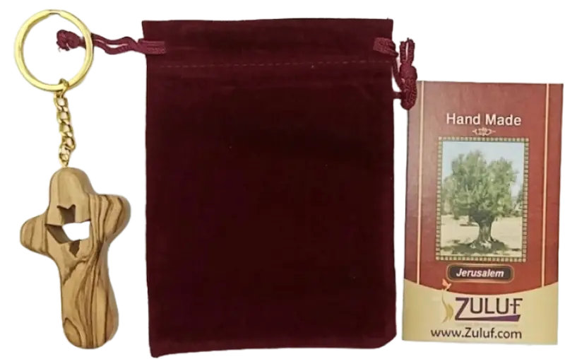 Olive wood cross keychain with dove from bethlehem – handmade holy land key ring velvet bag and certificate - crosses