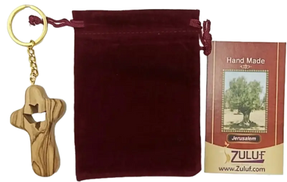 Olive wood cross keychain with dove from bethlehem – handmade holy land key ring velvet bag and certificate - crosses