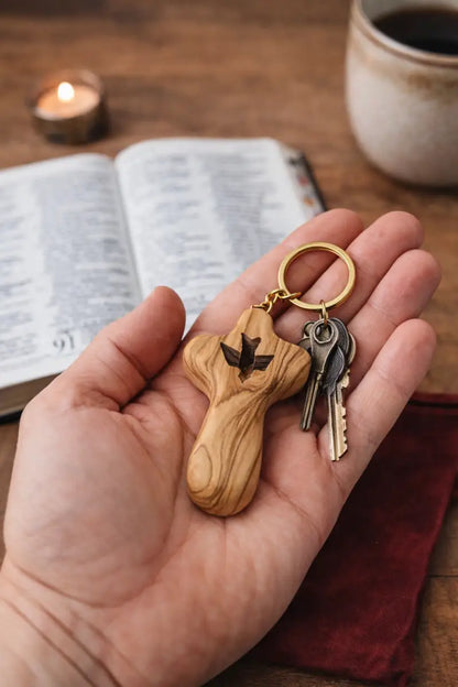 Olive wood cross keychain with dove from bethlehem – handmade holy land key ring velvet bag and certificate - crosses