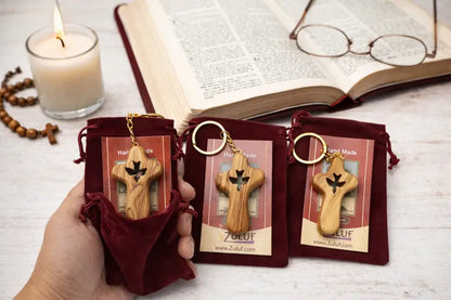 Olive wood cross keychain with dove from bethlehem – handmade holy land key ring velvet bag and certificate - crosses