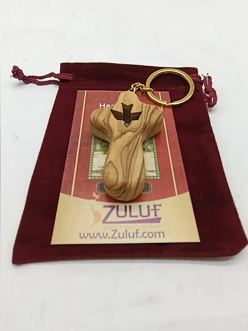 Olive wood cross keychain with dove from bethlehem – handmade holy land key ring velvet bag and certificate - crosses