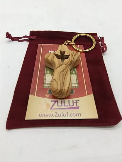 Olive wood cross keychain with dove from bethlehem – handmade holy land key ring velvet bag and certificate - crosses