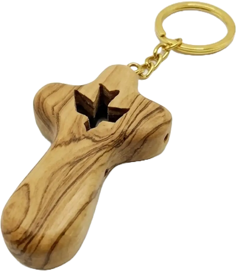Olive wood cross keychain with dove from bethlehem – handmade holy land key ring velvet bag and certificate - crosses