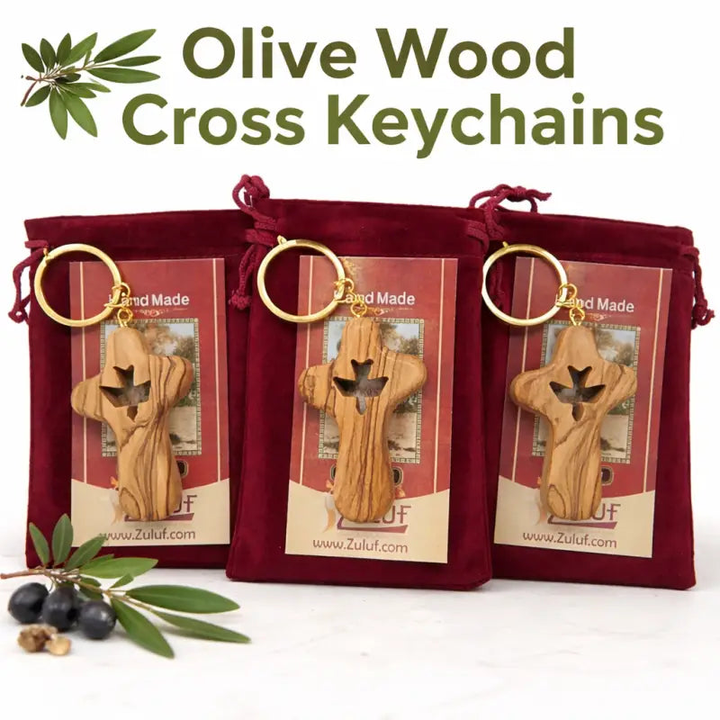 Olive wood cross keychain with dove from bethlehem – handmade holy land key ring velvet bag and certificate - crosses