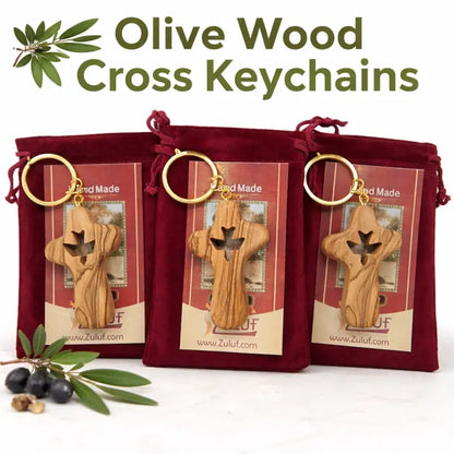 Olive wood cross keychain with dove from bethlehem – handmade holy land key ring velvet bag and certificate - crosses