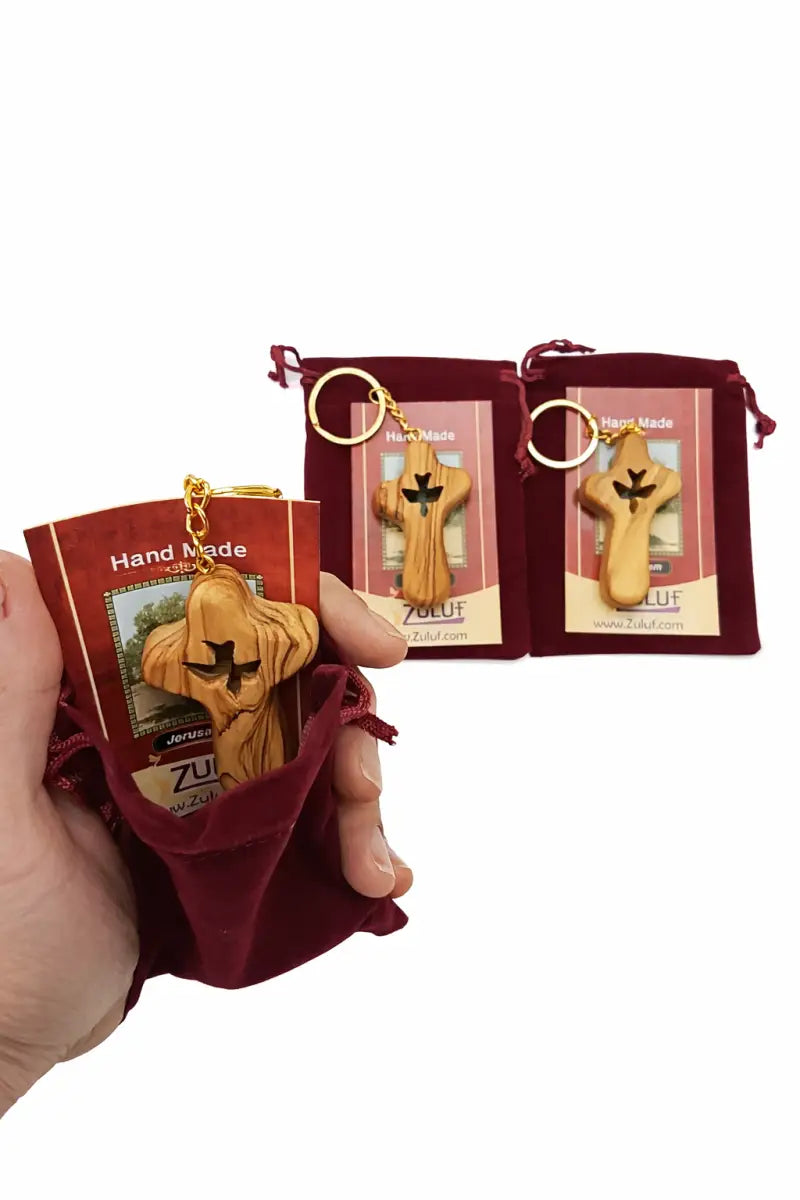 Olive wood cross keychain with dove from bethlehem – handmade holy land key ring velvet bag and certificate - crosses
