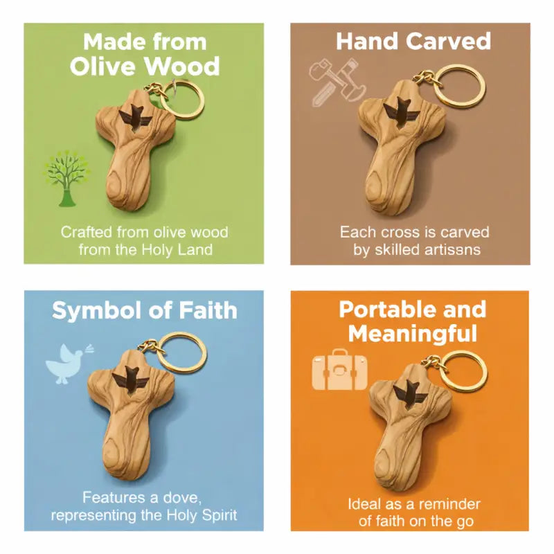 Olive wood cross keychain with dove from bethlehem – handmade holy land key ring velvet bag and certificate - crosses
