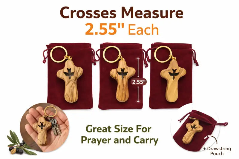 Olive wood cross keychain with dove from bethlehem – handmade holy land key ring velvet bag and certificate - crosses