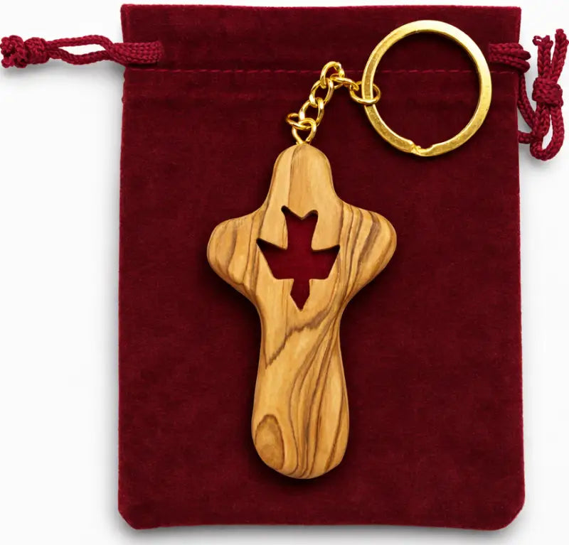 Olive wood cross keychain with dove from bethlehem – handmade holy land key ring velvet bag and certificate - crosses