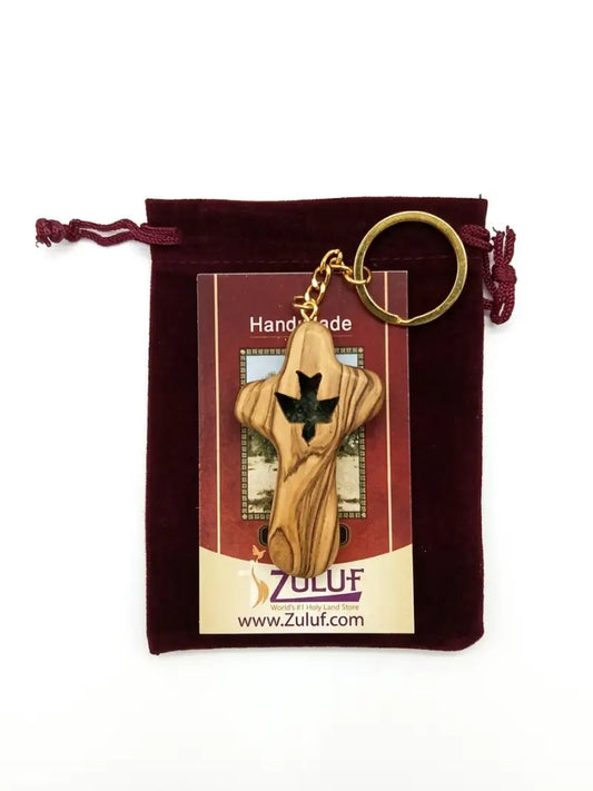 Olive wood cross keychain with dove from bethlehem – handmade holy land key ring velvet bag and certificate - 1