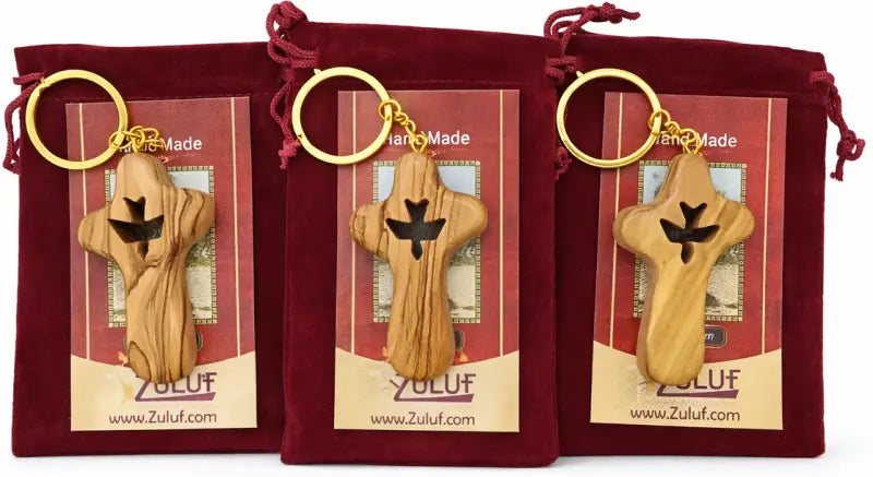 Olive wood cross keychain with dove from bethlehem – handmade holy land key ring velvet bag and certificate - 3