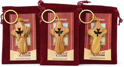 Olive wood cross keychain with dove from bethlehem – handmade holy land key ring velvet bag and certificate - 3