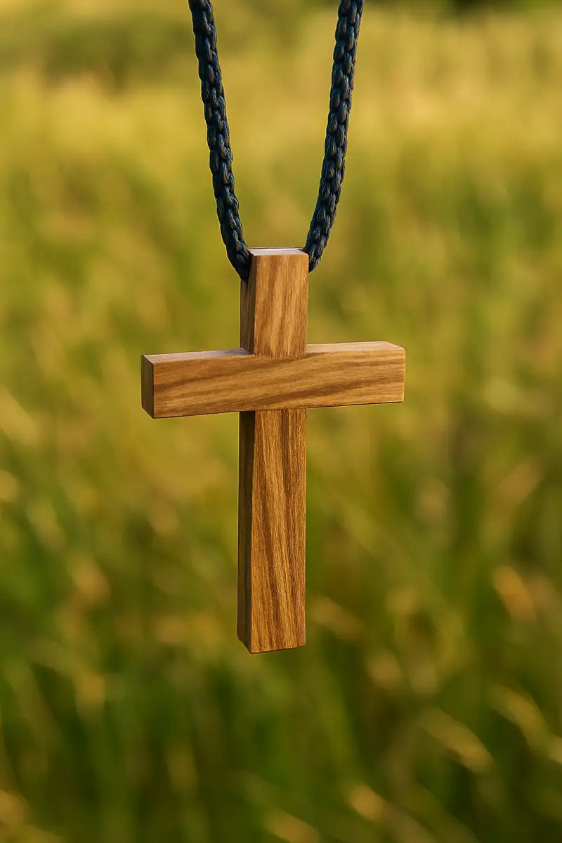 Olive wood cross pendant necklace unisex christian jewelry - charm