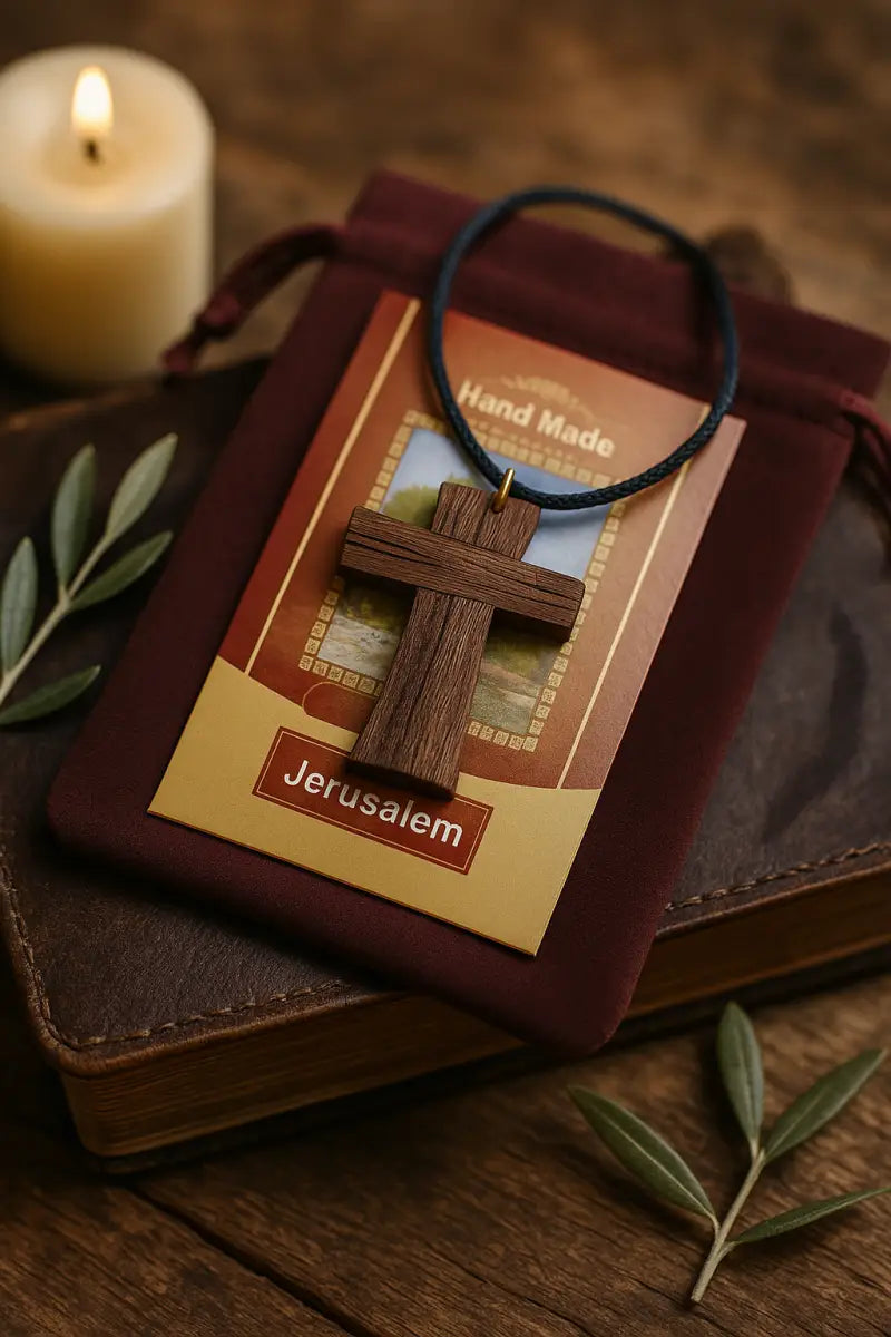 Olive wood cross pendant necklace unisex christian jewelry - charm