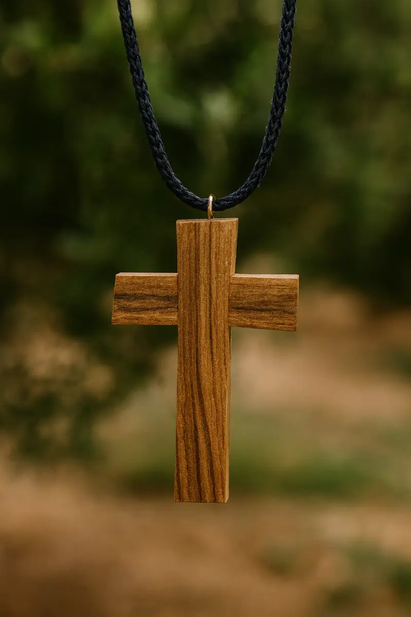 Olive wood cross pendant necklace unisex christian jewelry - charm