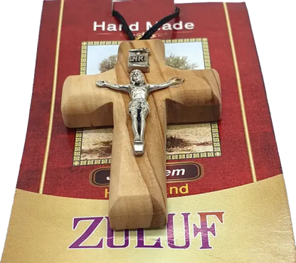 Olive wood cross pendants with stainless steel jesus