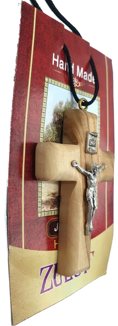 Olive wood cross pendants with stainless steel jesus