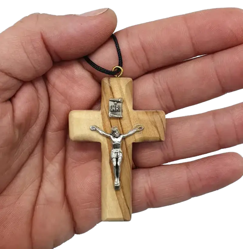 Olive wood cross pendants with stainless steel jesus