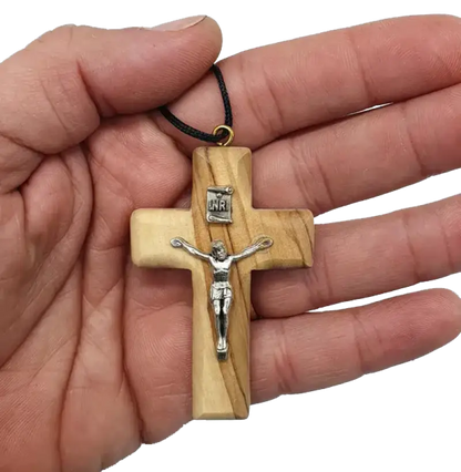 Olive wood cross pendants with stainless steel jesus