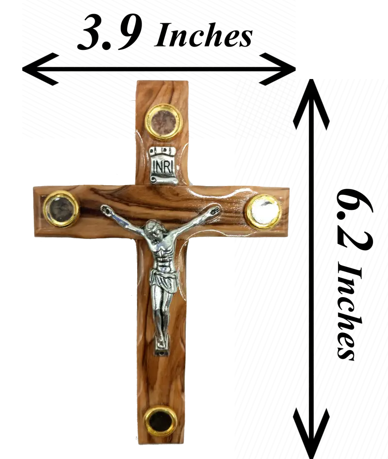 Olive wood crucifix with authentic holy land elements - 16cm