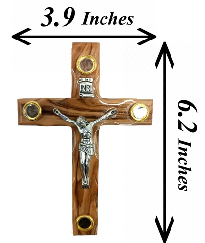 Olive wood crucifix with authentic holy land elements - 16cm