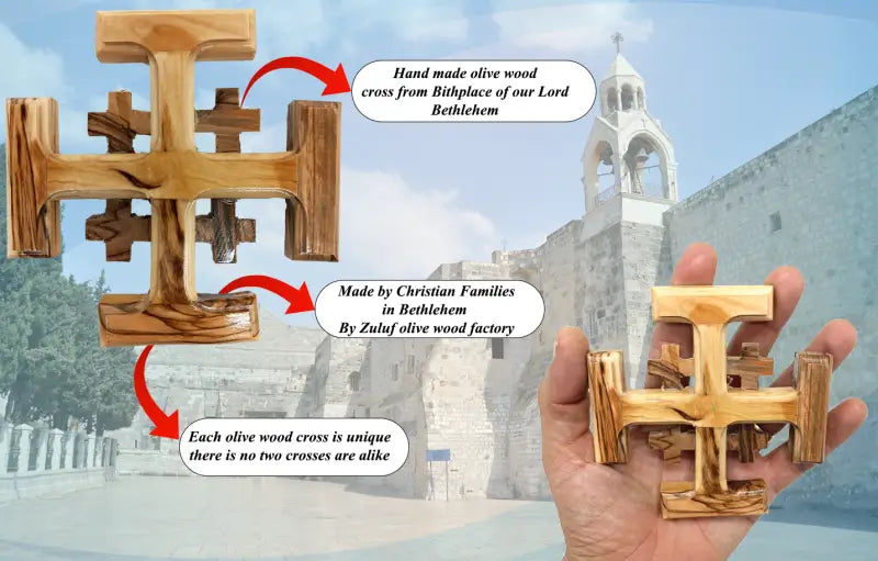 Olive wood crusader jerusalem cross from bethlehem