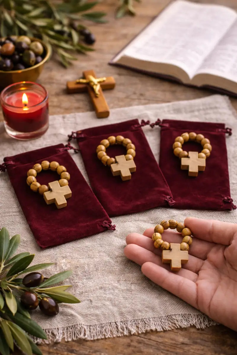 Olive wood finger rosary handmade in bethlehem – catholic pocket ring with wooden cross available 3 6 or 12 pieces
