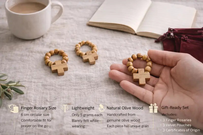 Olive wood finger rosary handmade in bethlehem – catholic pocket ring with wooden cross available 3 6 or 12 pieces