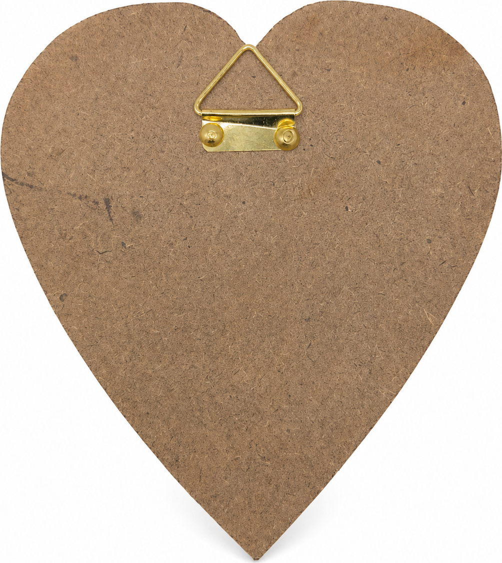 Back of olive wood God Bless Our Home heart plaque with brass triangle wall hanger pre installed Bethlehem