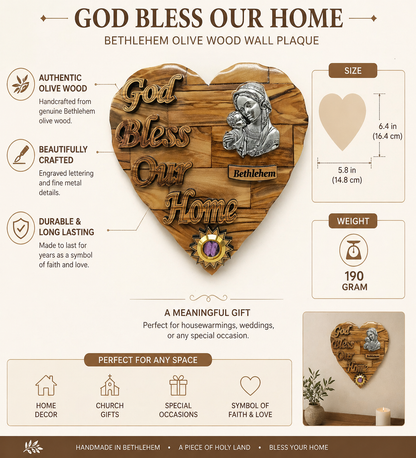 Olive wood God Bless Our Home heart plaque from Bethlehem features overview with size and weight specs
