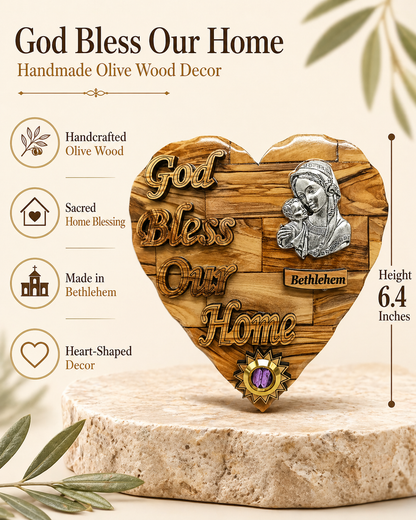 Olive wood God Bless Our Home heart plaque from Bethlehem in lifestyle setting with Madonna icon and incense capsule