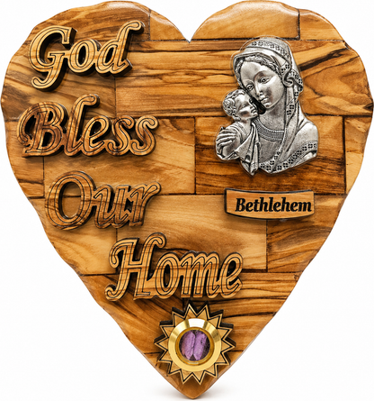 Olive wood God Bless Our Home heart plaque from Bethlehem with Madonna and Child icon and incense capsule